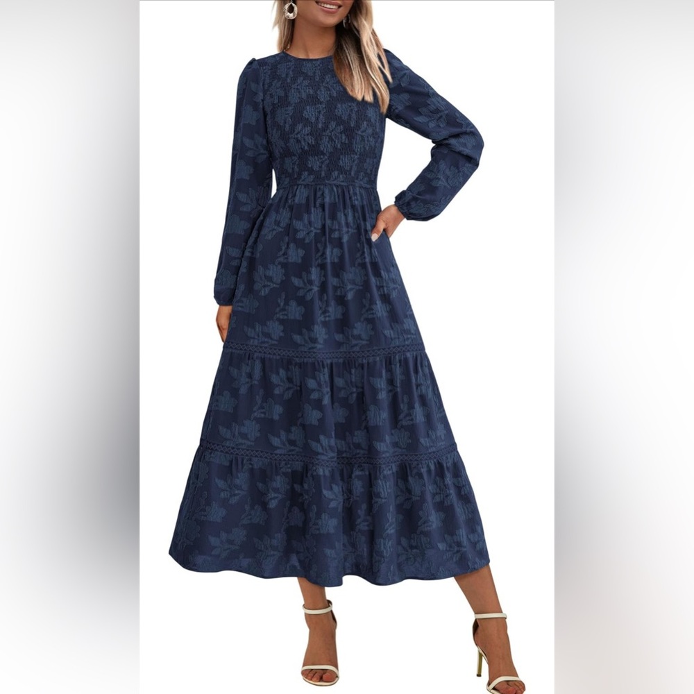 PRETTYGARDEN Navy Blue Smocked Midi Dress – Size L